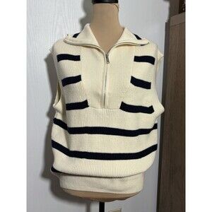 Oliver O. Sweater Vest Womens Size XL Cream Navy Blue Stripes 1/2 Zip Preppy New